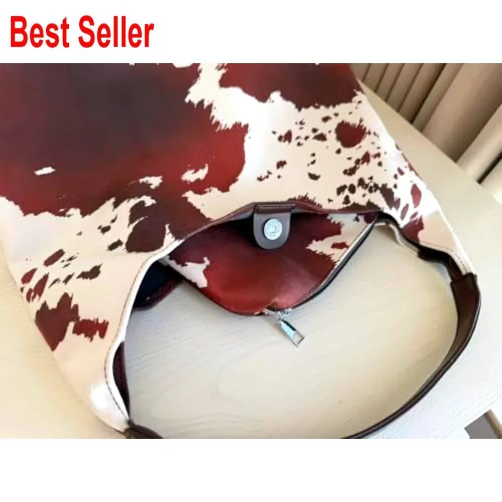 Suede Brown Cow Print Hobo Tote Bag Large Capacity